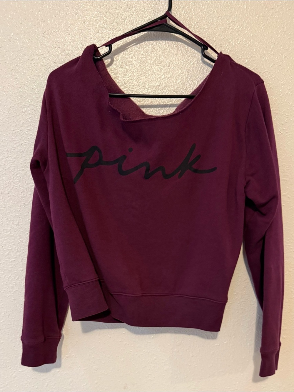NWOT PINK Victoria's Secret Brand Burgundy Crewneck off shoulder Sweatshirt